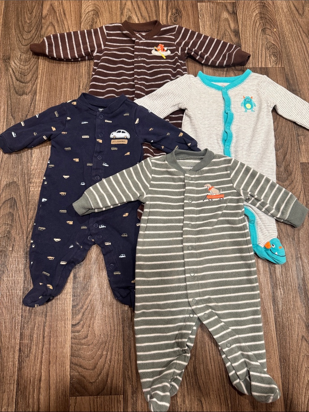 Lot of 4 Baby Striped Footed Onesies (Gray, Navy, Brown, Cream)